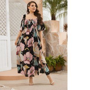 Plus Size SHEIN Clasi Plus Floral Print Bow Front Shirred Dress, size 4X